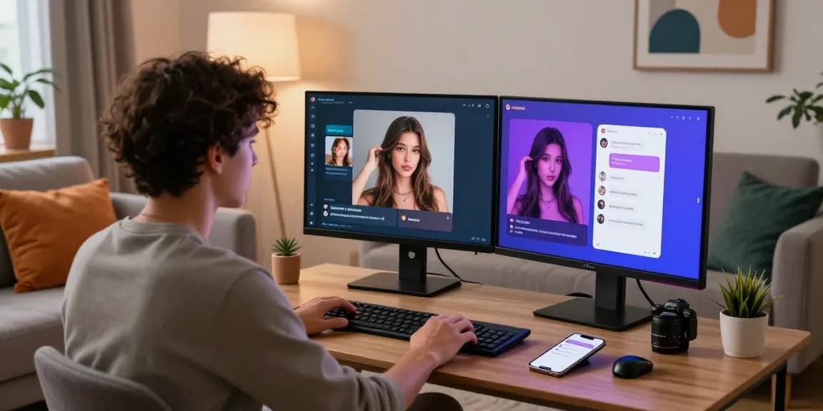 Engaging with Crushon AI, featuring vibrant ai nsfw images on dual monitors in a cozy modern setting.