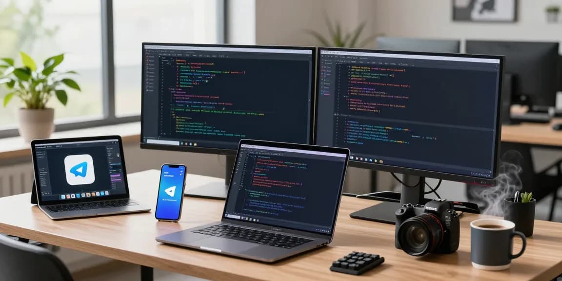 Developer coding on Telegram下载 interface in a modern tech workspace.
