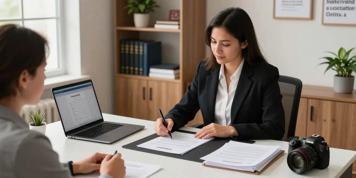 Notary public in Brampton Ontario assisting a client with notarization services in a professional office.