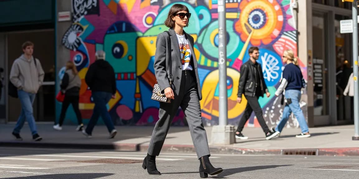 Fashion tips for urban style with a trendy individual in a chic outfit on a vibrant city street.