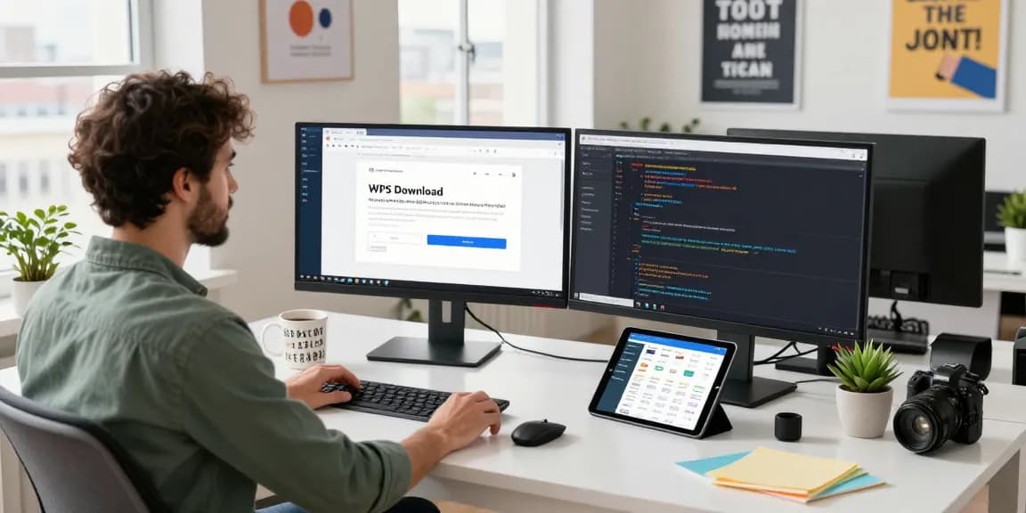 WPS Download workspace with developer using dual monitors and coding setup.