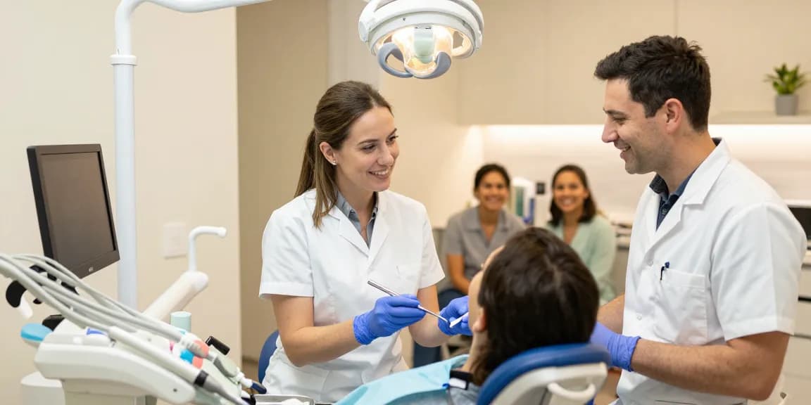 A dentist in Coquitlam providing professional care to happy patients in a modern clinic.