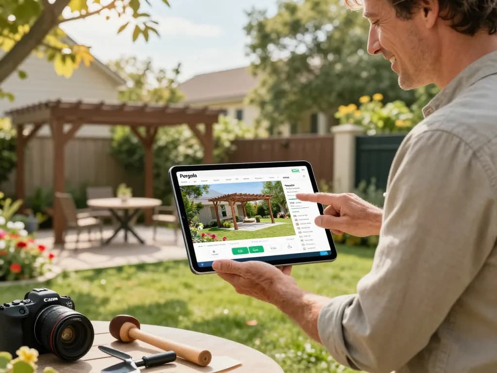 Homeowner using Pergola Sales Software to design a custom pergola in their garden