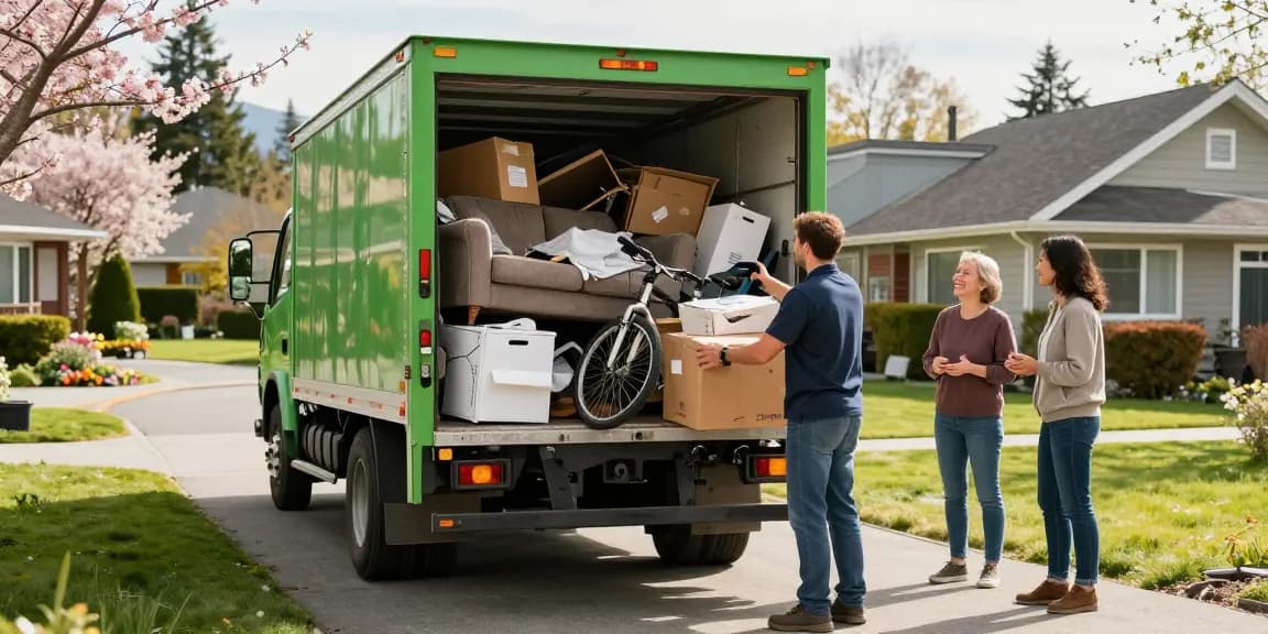 Affordable Junk Removal Vancouver team member loading junk into truck in sunny neighborhood, showcasing reliable service.