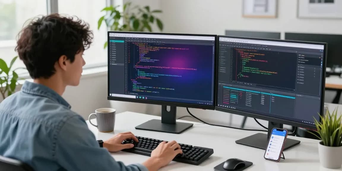 快连 VPN software development scene with a developer coding in a modern office.