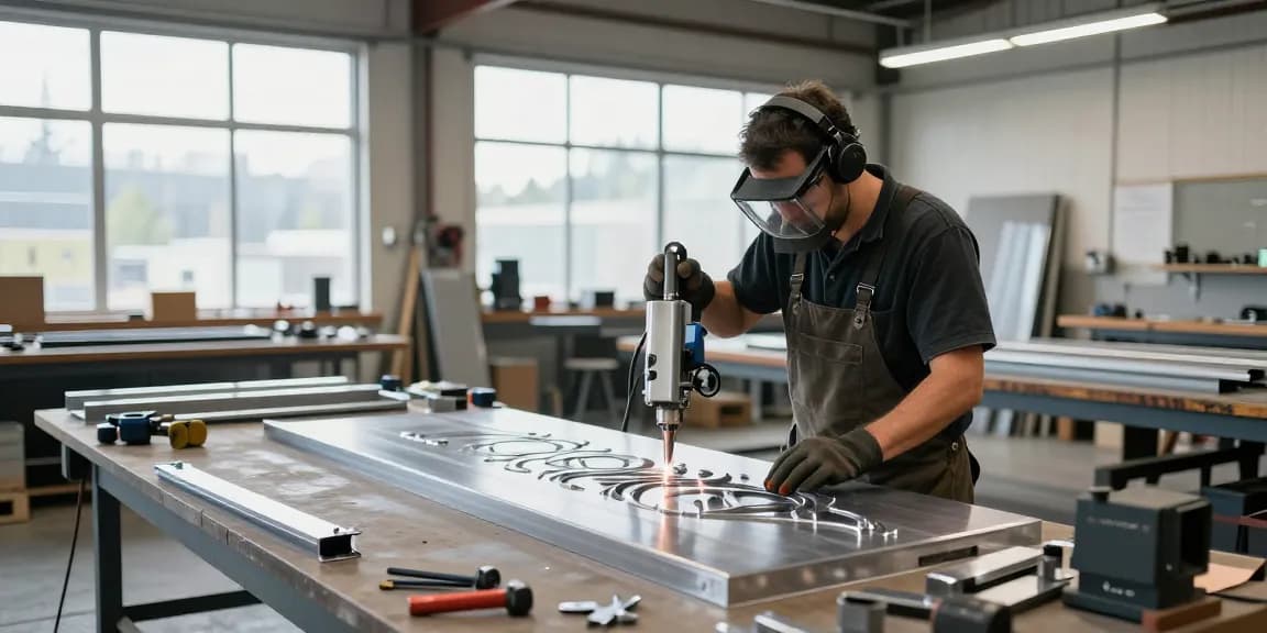 Custom metalwork vancouver craftsman working with plasma cutter in a bright workshop.