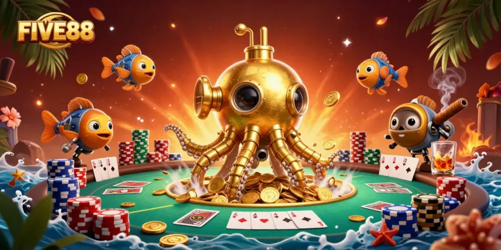 Experience the thrilling world of FIVE88, featuring a golden kraken amidst poker excitement and casino energy.