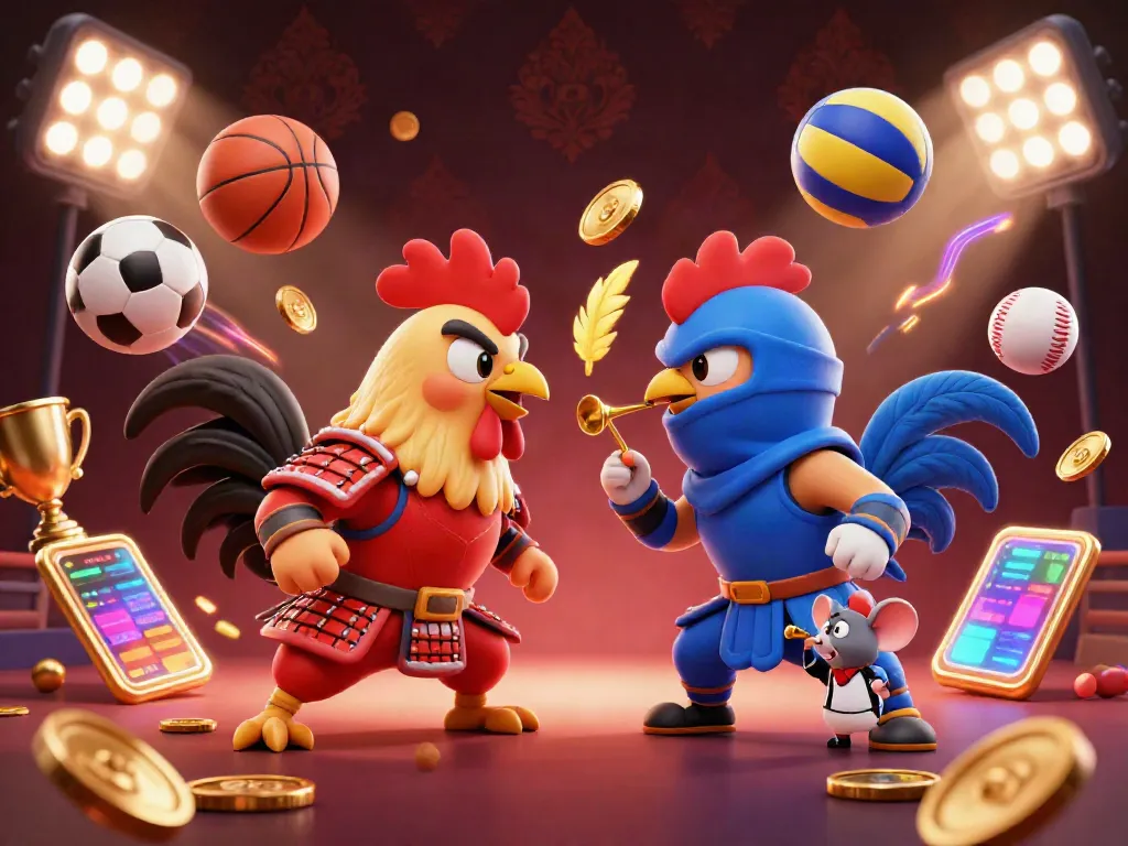 KÈO CHẤP BÓNG ĐÁ AU88 features 3D fighting roosters and sports elements in a vibrant casino scene.