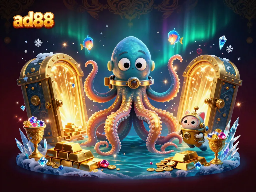 Experience the exciting world of ad88 with a kraken, diving cat, and treasures in rich casino-themed illustration.