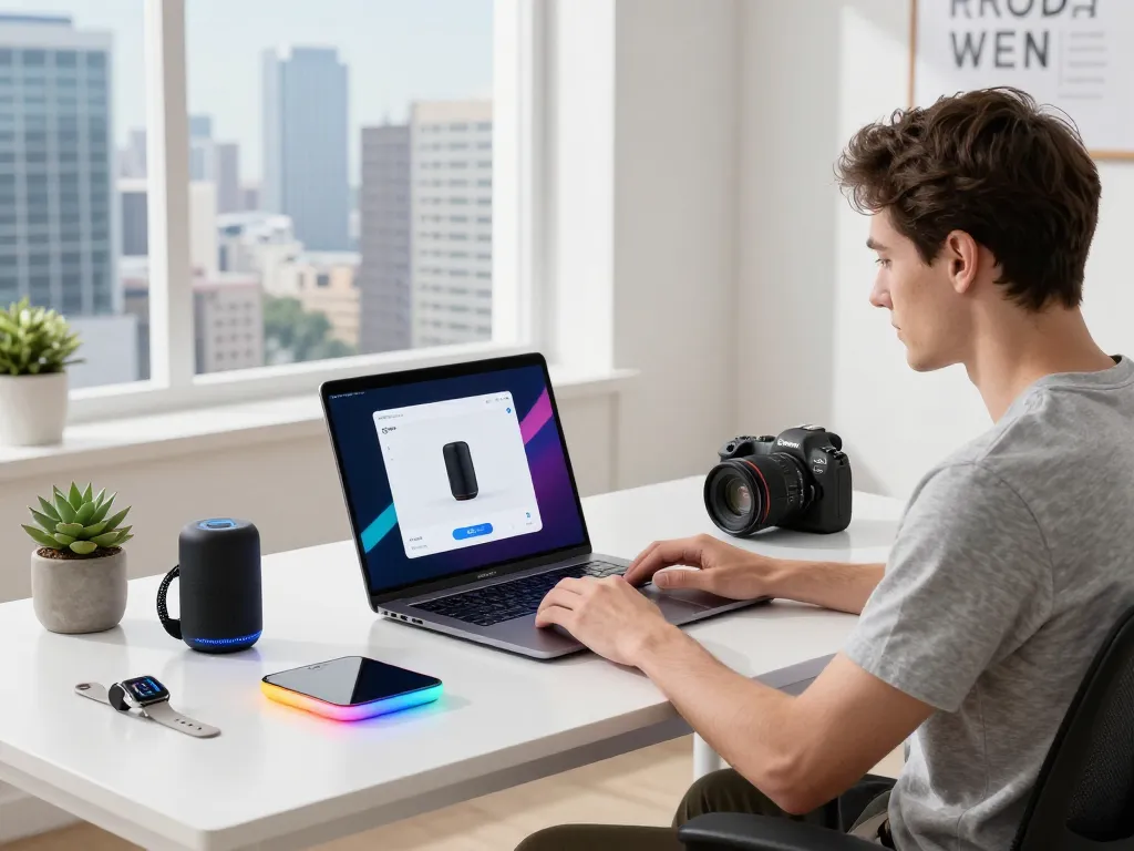 Professional workspace displaying must-have tech gadgets for 2026, including Bluetooth devices and smart tech.