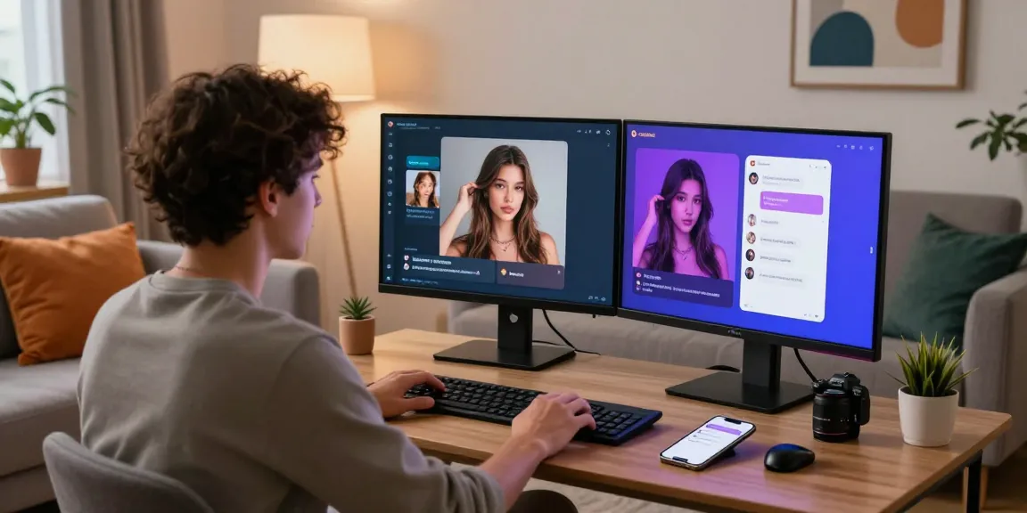 Engaging with Crushon AI, featuring vibrant ai nsfw images on dual monitors in a cozy modern setting.
