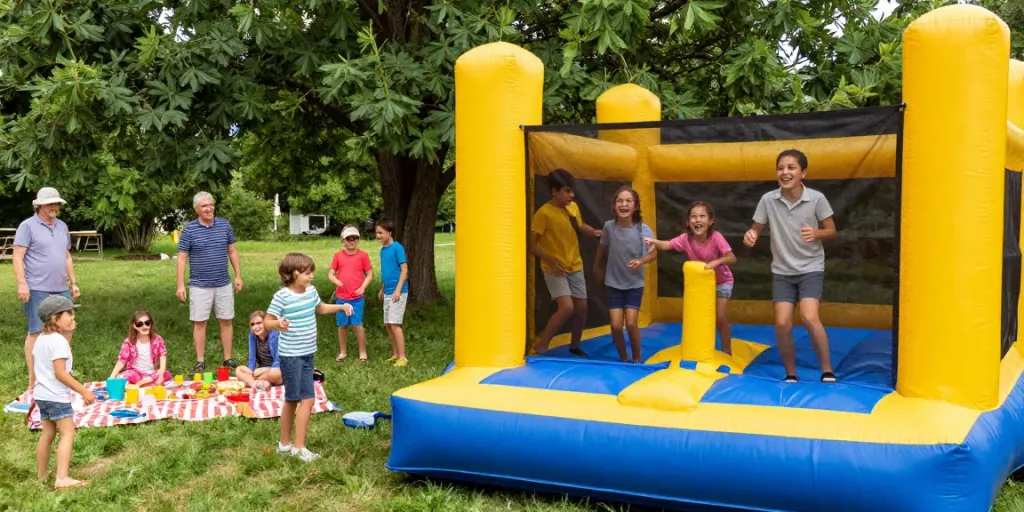 Kids enjoying a bounce house at an outdoor summer party, filled with joy and laughter.