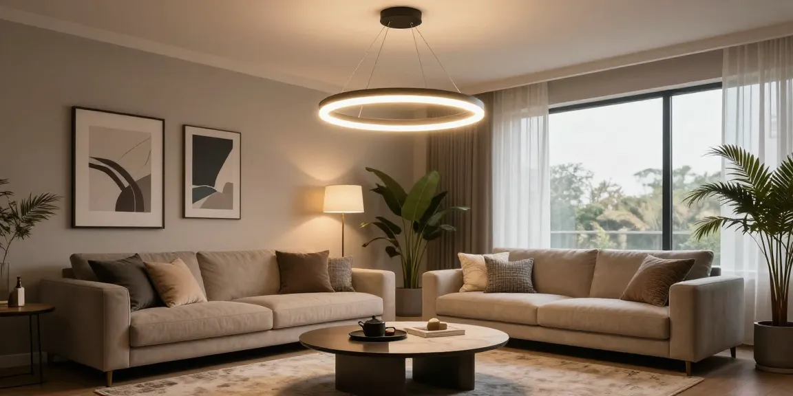Scenă elegantă de living cu candelabru LED, aducând stil și confort.