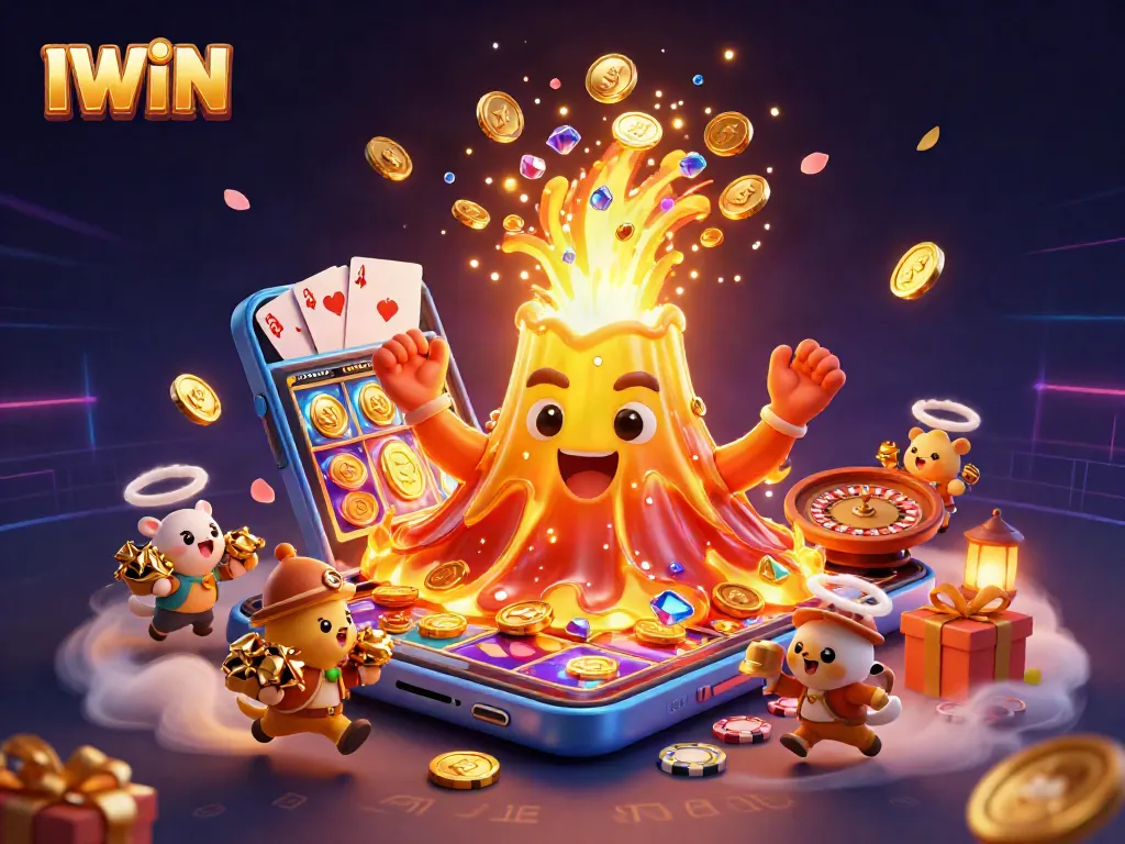 Engage with thrilling IWIN casino adventures featuring a golden volcano and treasure in this vibrant illustration.