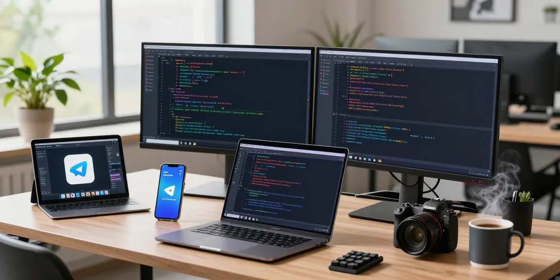 Developer coding on Telegram下载 interface in a modern tech workspace.