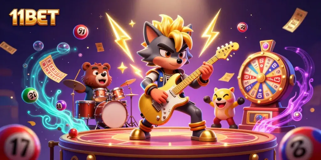 Experience exhilarating wins with 11BET’s vibrant casino scene featuring a dynamic rock star wolf.