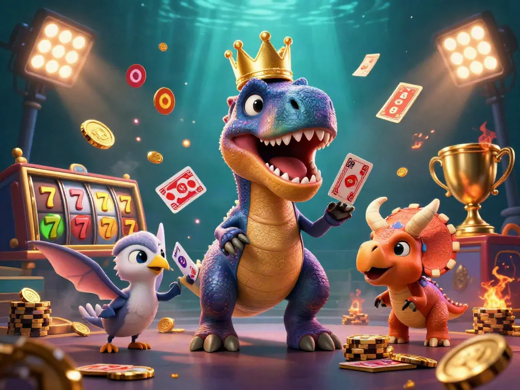 LUCKY88 showcases a whimsical scene with a T-Rex, pterodactyl, and triceratops engaged in vibrant casino elements.