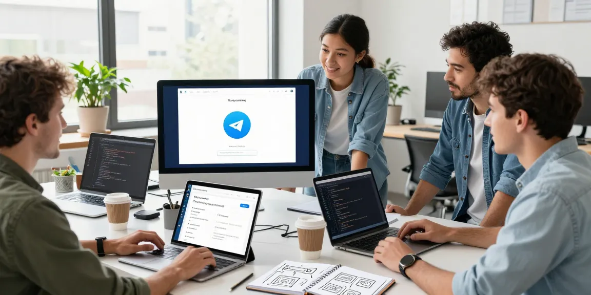 Collaboration scene illustrating Telegram下载 with tech professionals customizing app settings and sharing ideas.