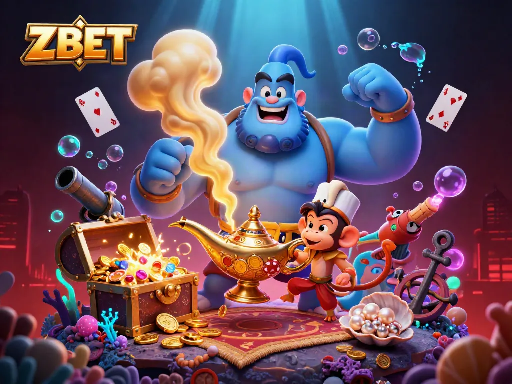 ZBET enhances gambling excitement with a cartoon genie, magic carpet, and poker chips.