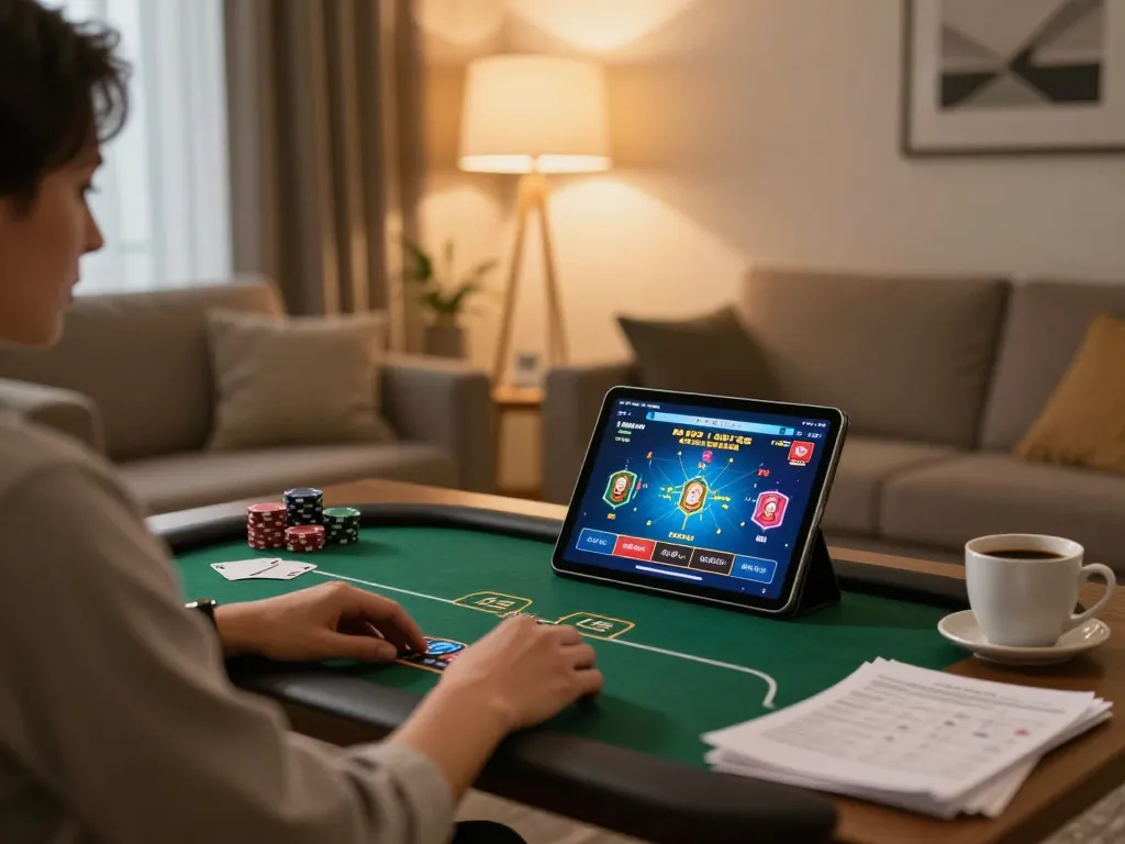 Link đăng ký Lucky88 displayed on a tablet during an engaging online poker game for strategic home gaming
