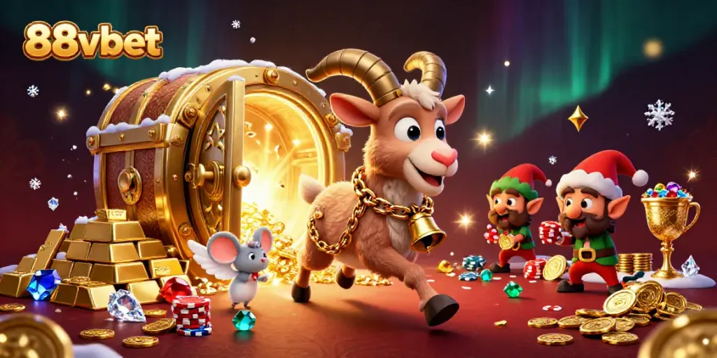 Experience the thrill at 88vbet as Krampus and festive characters engage in a holiday-casino scene.