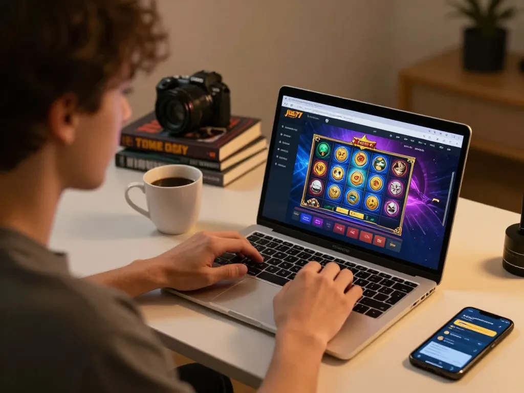 Engaged user playing games on jus77 platform with laptop and coffee, showcasing online gambling.