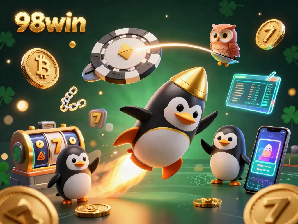 Experience the thrill of 98win's casino adventure featuring a golden penguin and vibrant crypto elements.