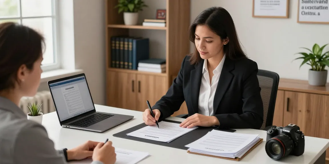 Notary public in Brampton Ontario assisting a client with notarization services in a professional office.