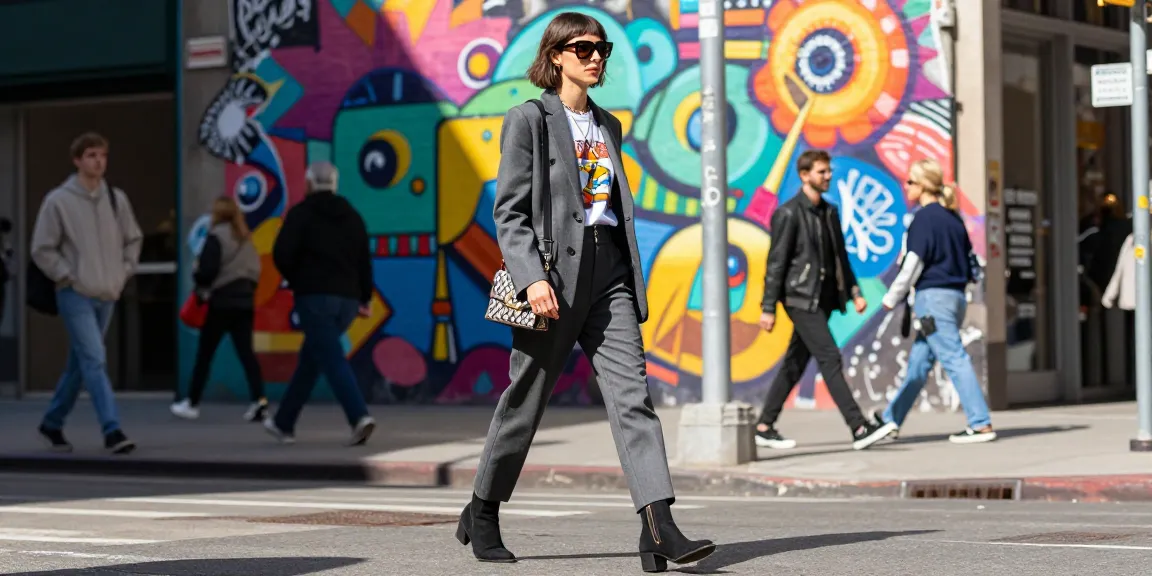 Fashion tips for urban style with a trendy individual in a chic outfit on a vibrant city street.