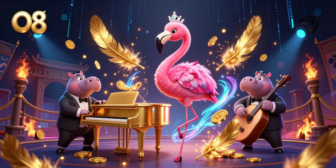 Experience thrilling gameplay at O8 with our vibrant casino scene featuring entertainers and game elements.
