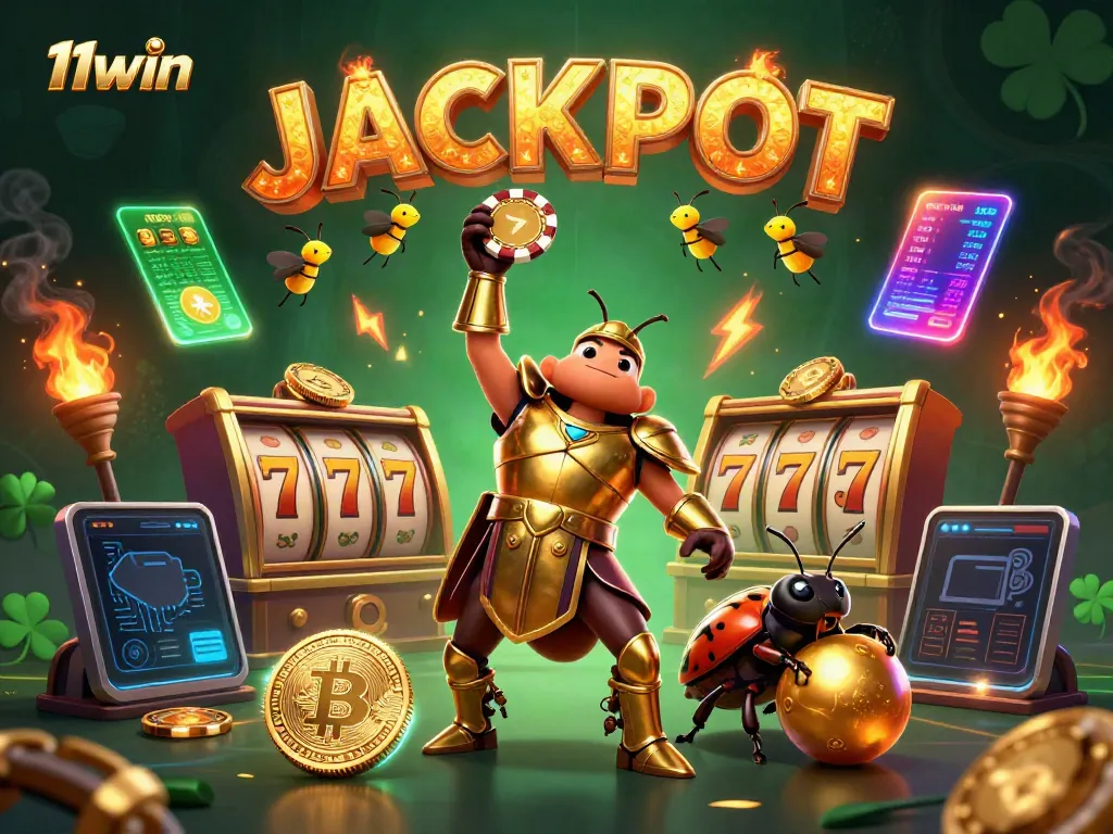 Experience the thrilling gameplay at 11win with cartoon beetles celebrating a jackpot, showcasing vibrant slot elements.
