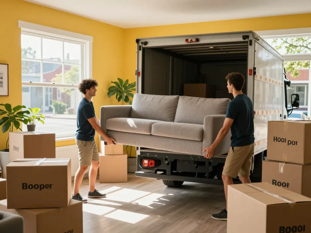 Professionelle Umzugshelfer von umzugsunternehmen Hannover heben ein großes Sofa in einen Umzugswagen.