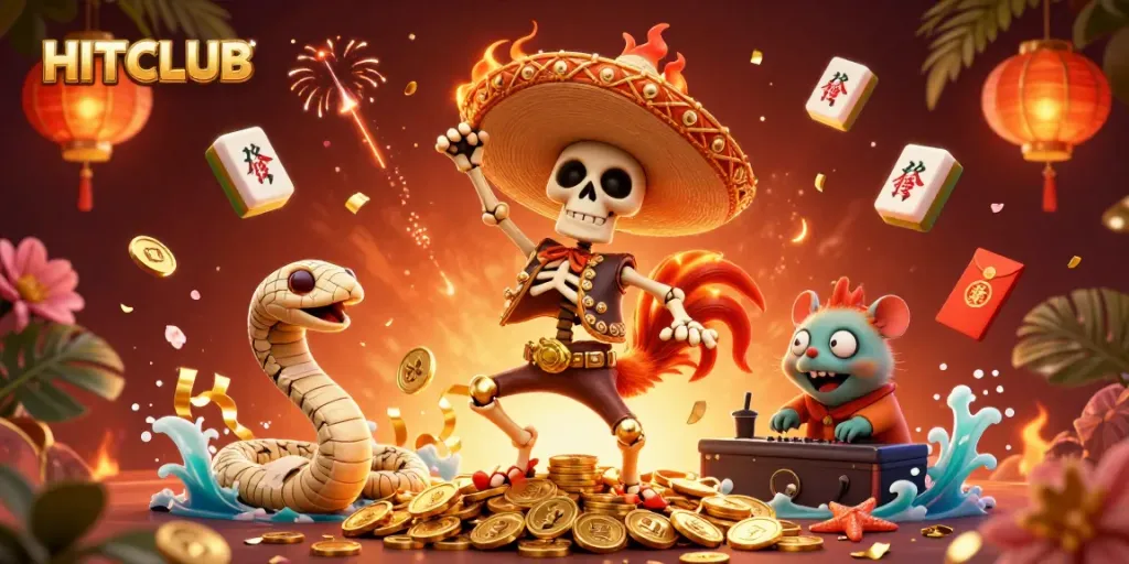 Engage in thrilling gameplay with HITCLUB while uncovering gold and riches in a vibrant casino scene.