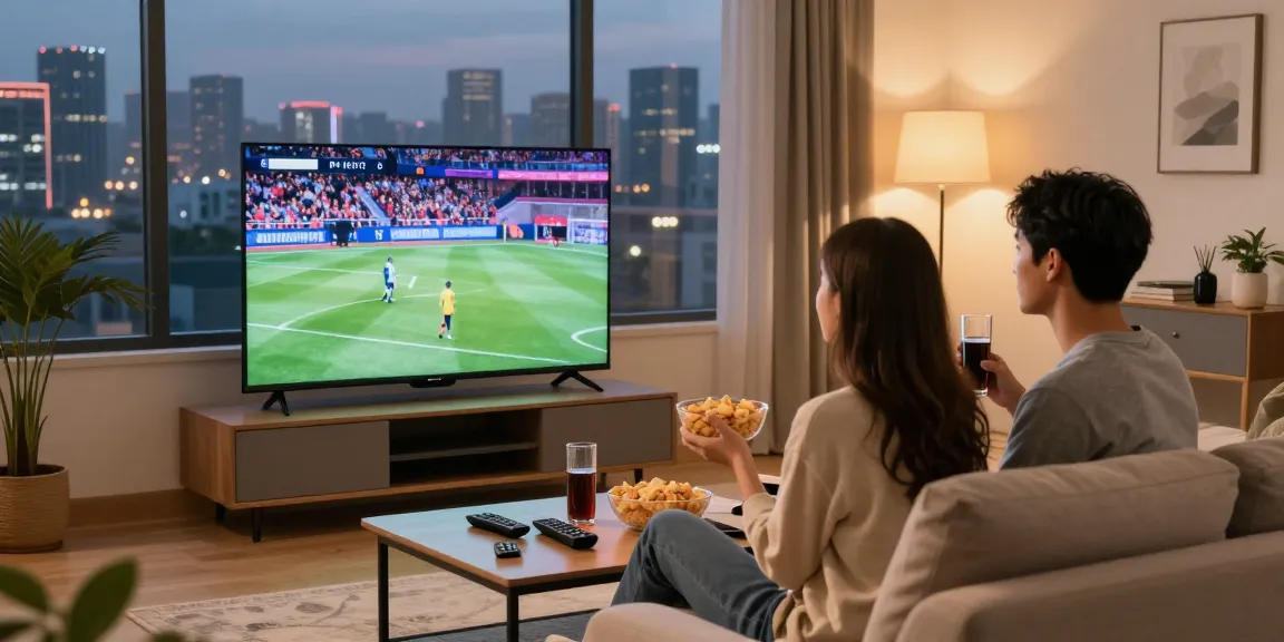 Couple streaming IPTV content on Smart TV in cozy living room.
