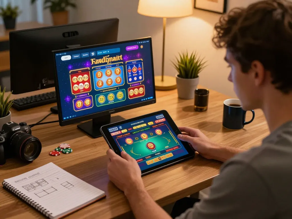 Engaging online casino gaming session for Lu88 uy tín from a comfortable home setup, focusing on strategy and relaxation.