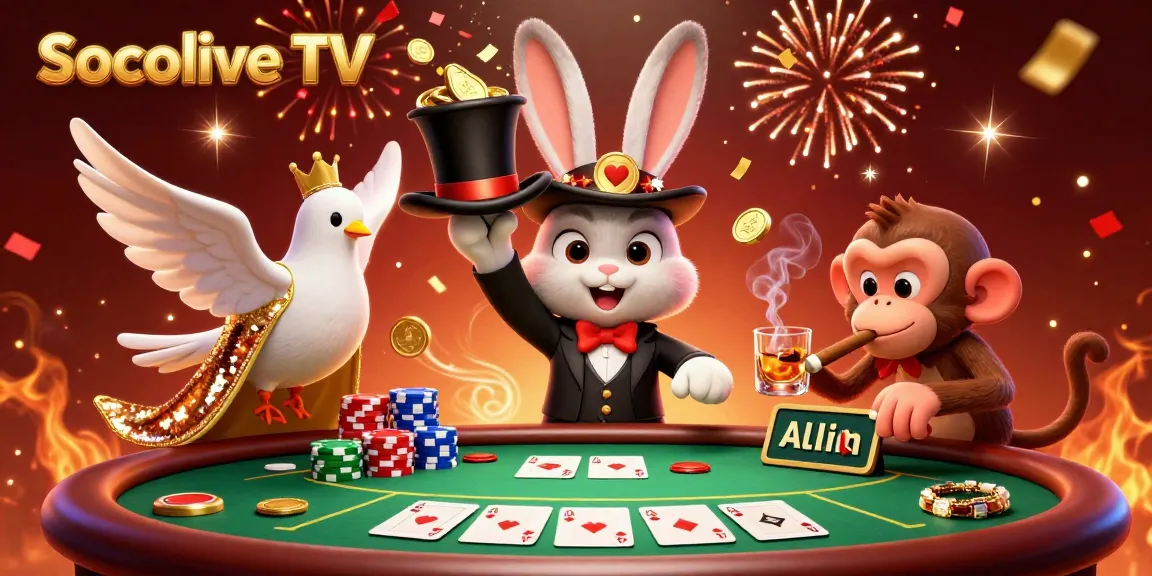 Socolive TV engages fans with a vibrant casino scene featuring a magician pulling coins, gameplay excitement, and colorful poker elements.