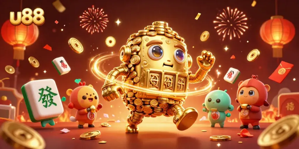 Experience thrilling slots at u88 with a captivating golem made of golden coins, surrounded by vibrant game elements.