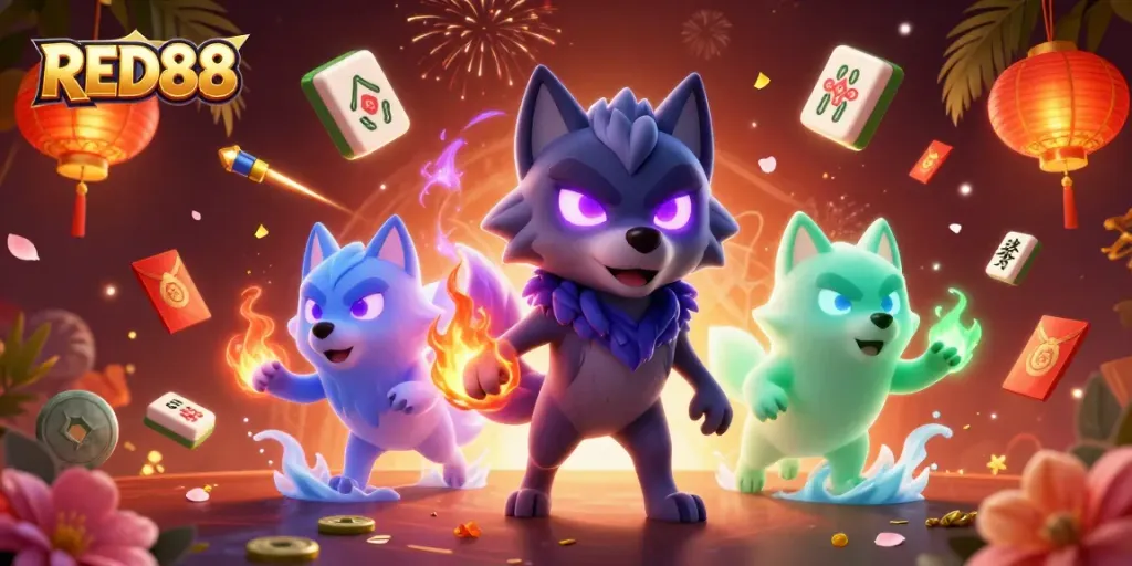 Join the excitement at RED88 with vibrant wolves and dynamic casino symbols in a stunning 3D illustration.