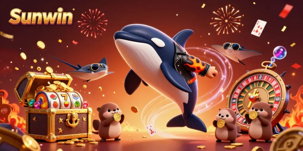 Join the fun with Sunwin as a cartoon whale jumps with otters holding coins amidst casino excitement.