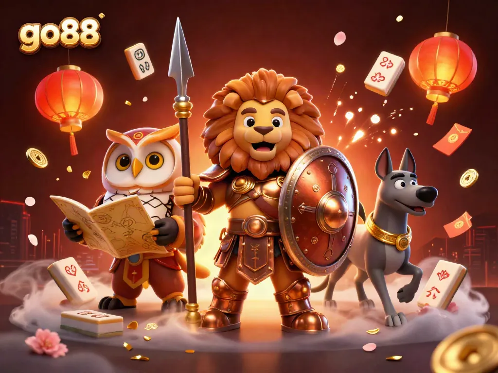 Engage with go88 at a vibrant casino scene filled with animated characters and game elements.