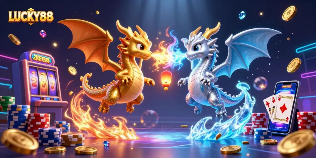 Spin to win with LUCKY88's enchanting dragons in this vibrant casino illustration.