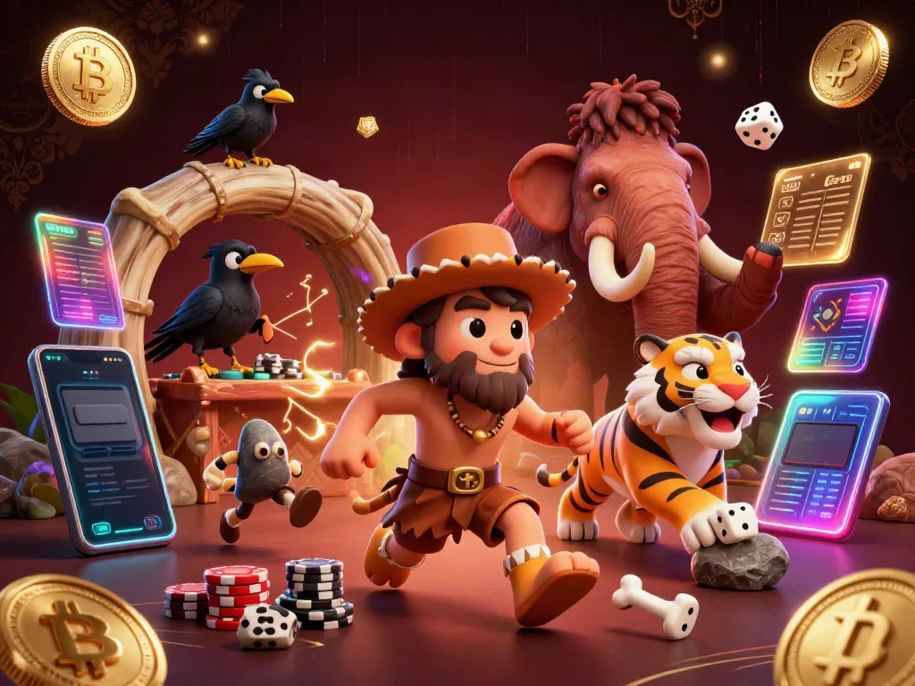 Experience web sunwin in a thrilling prehistoric casino scene featuring animated characters and crypto gaming elements.