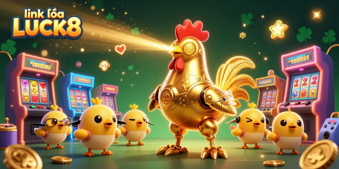 Experience winning excitement with link vào LUCK8, featuring a vibrant casino scene of 3D characters and flashy game elements.