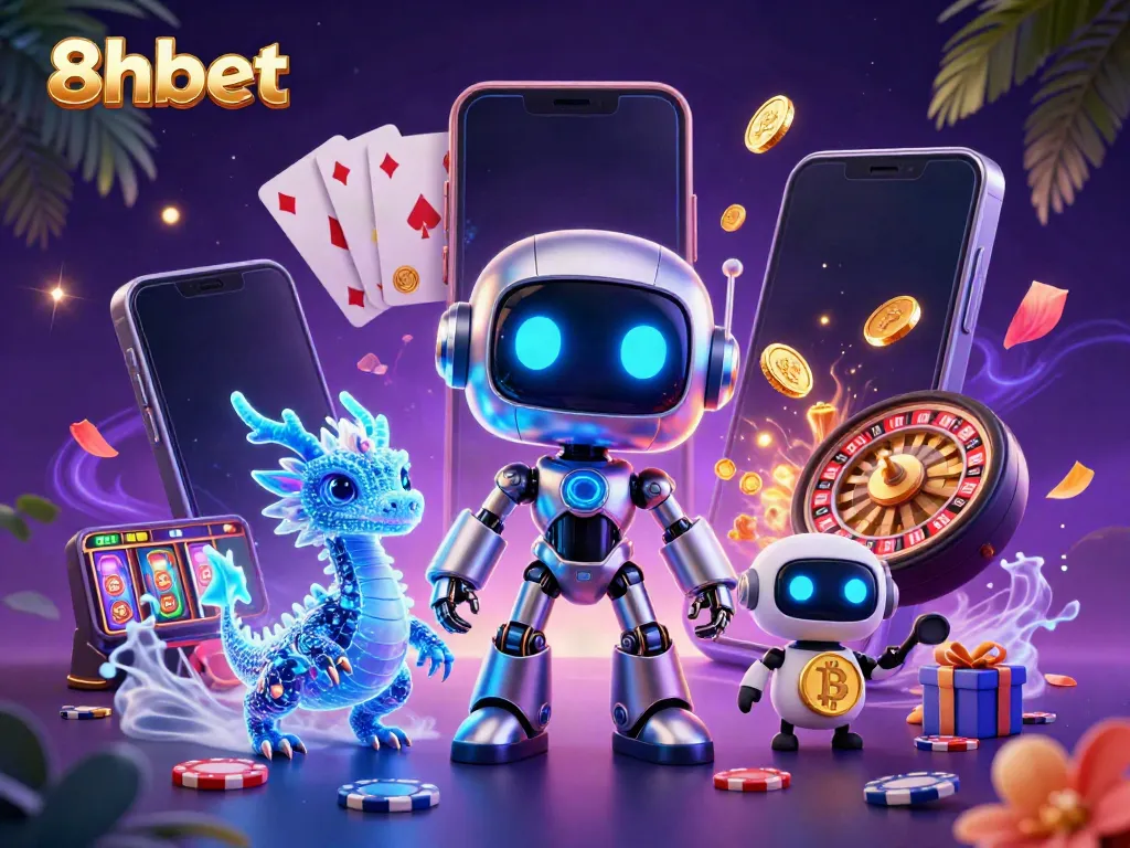 Engage in thrilling 8xbet experiences with a futuristic robot, AI dragon, and drone amidst vibrant gaming elements.