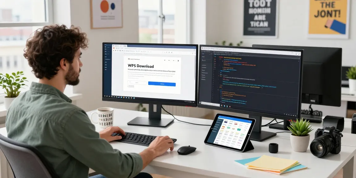 WPS Download workspace with developer using dual monitors and coding setup.