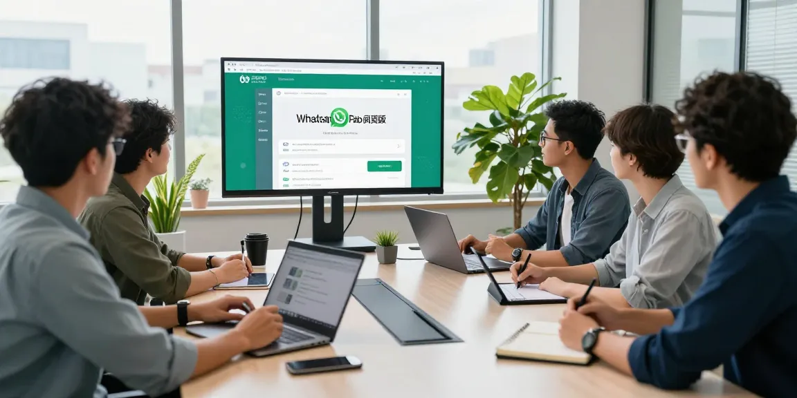 Team collaborating on WhatsApp網頁版 features in a modern office.