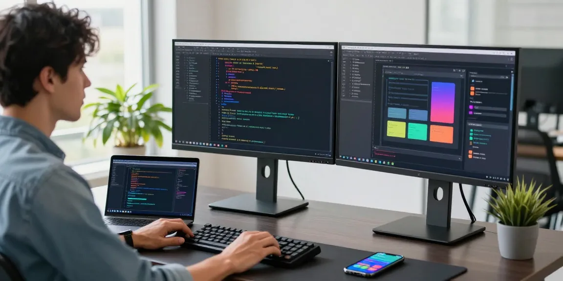 快连 developer working at a tech workspace with dual monitors and a laptop