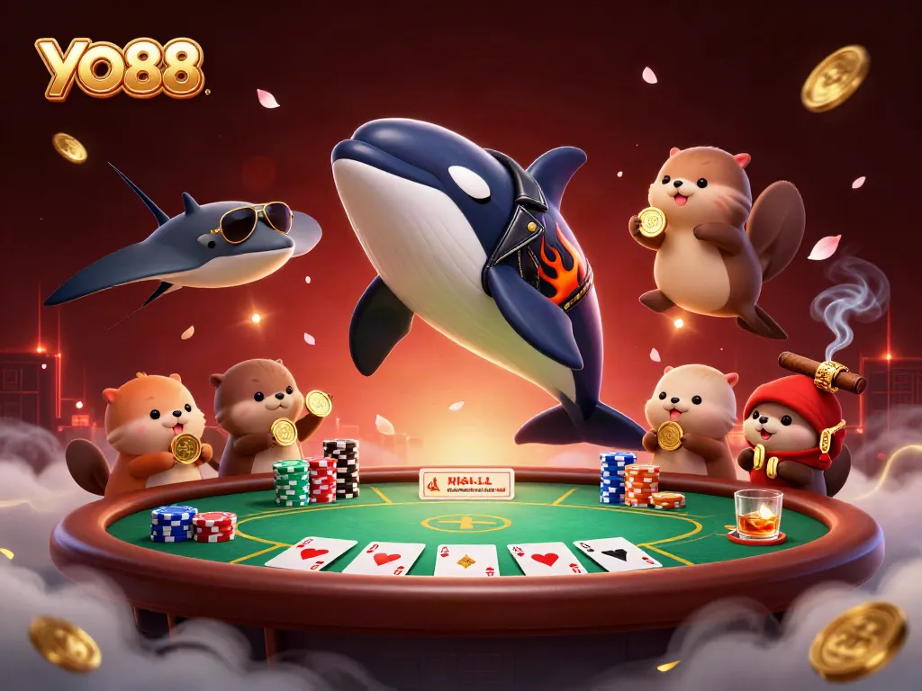 Celebrate winning moments at YO88 with orca, stingray, and otters in vibrant casino scene.