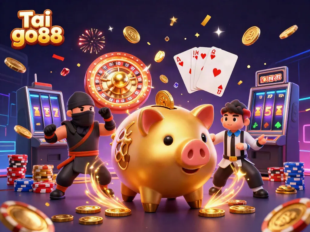Experience the energetic world of Tai go88 with a golden piggy bank sumo wrestler and vibrant casino symbols.