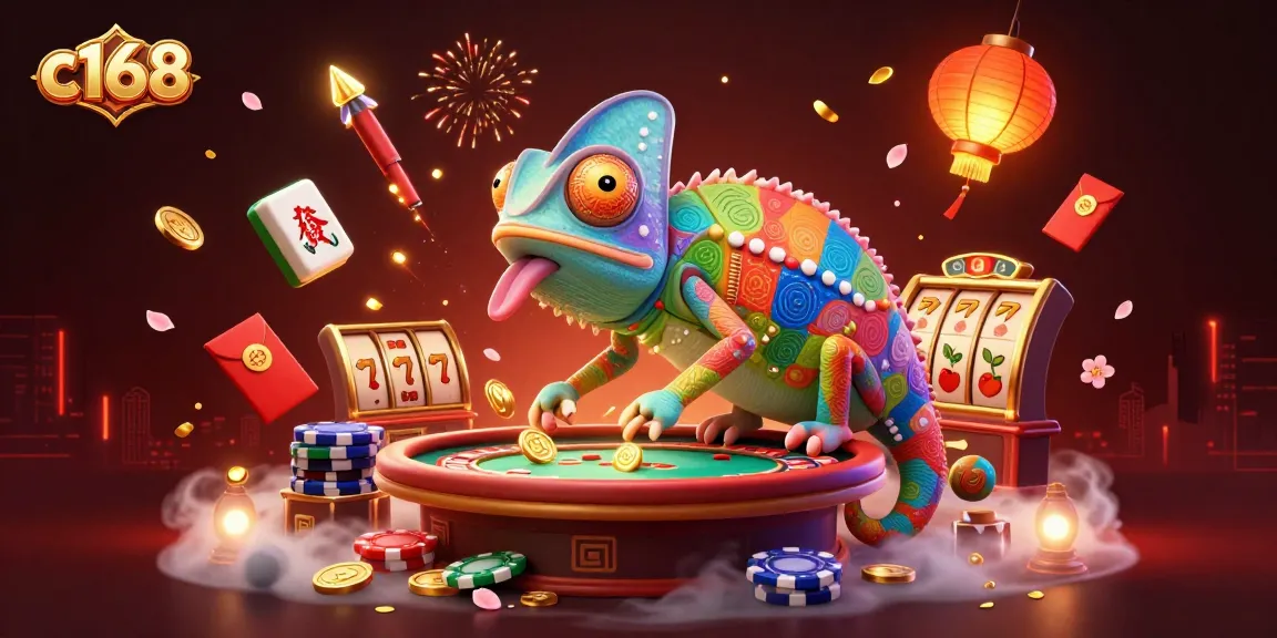 Win big at c168 with a lively casino scene featuring a chameleon casino owner amidst vibrant games and festive decor.